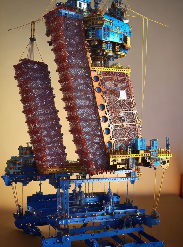 Detailed LEGO ship model with intricate rigging and sails on beige background