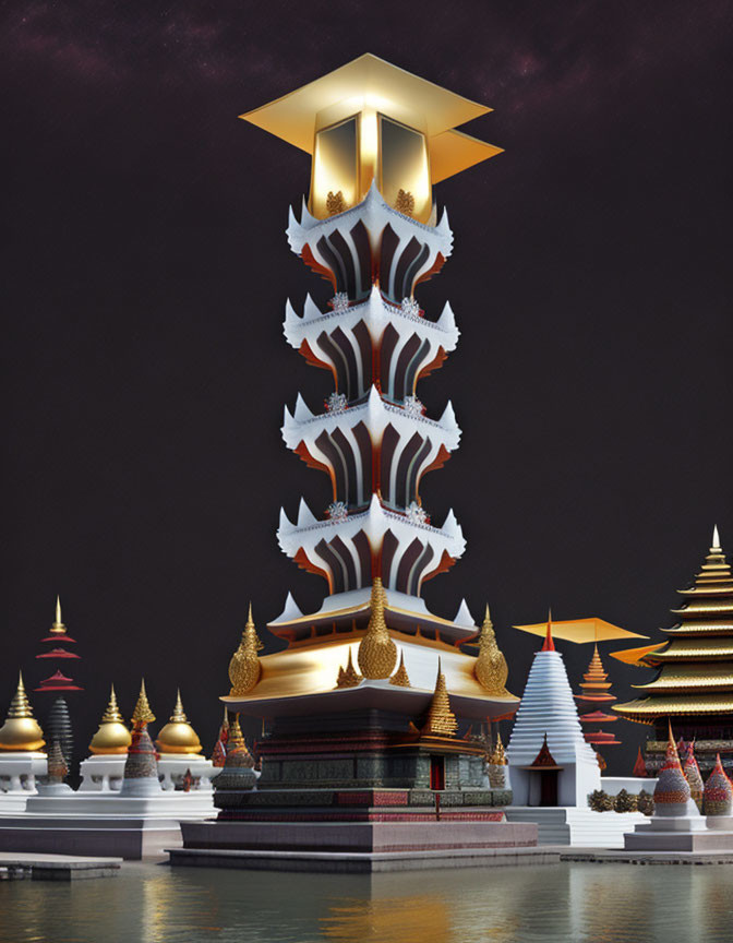 Futuristic digital artwork of Asian pagoda with modern twist