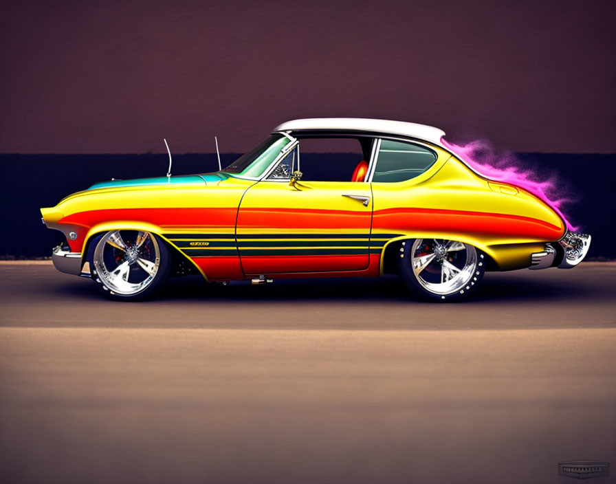 Colorful Vintage Car with Custom Rims and Purple Exhaust Flames on Purple Background