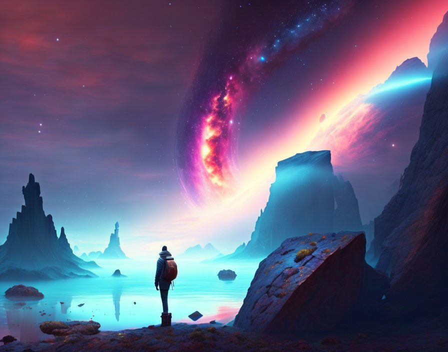 Figure Contemplating Cosmic Vista with Galaxies and Nebulae