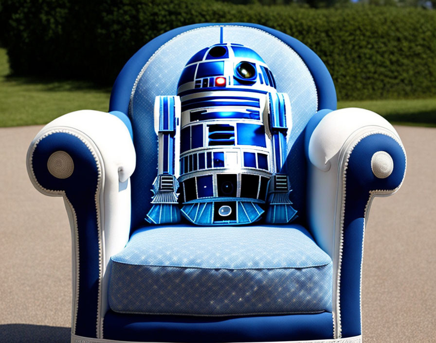 Toy model of R2-D2 on blue armchair outdoors