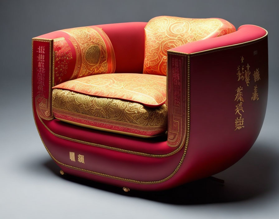 Red and Gold Ornate Armchair with Chinese Characters on Gray Background