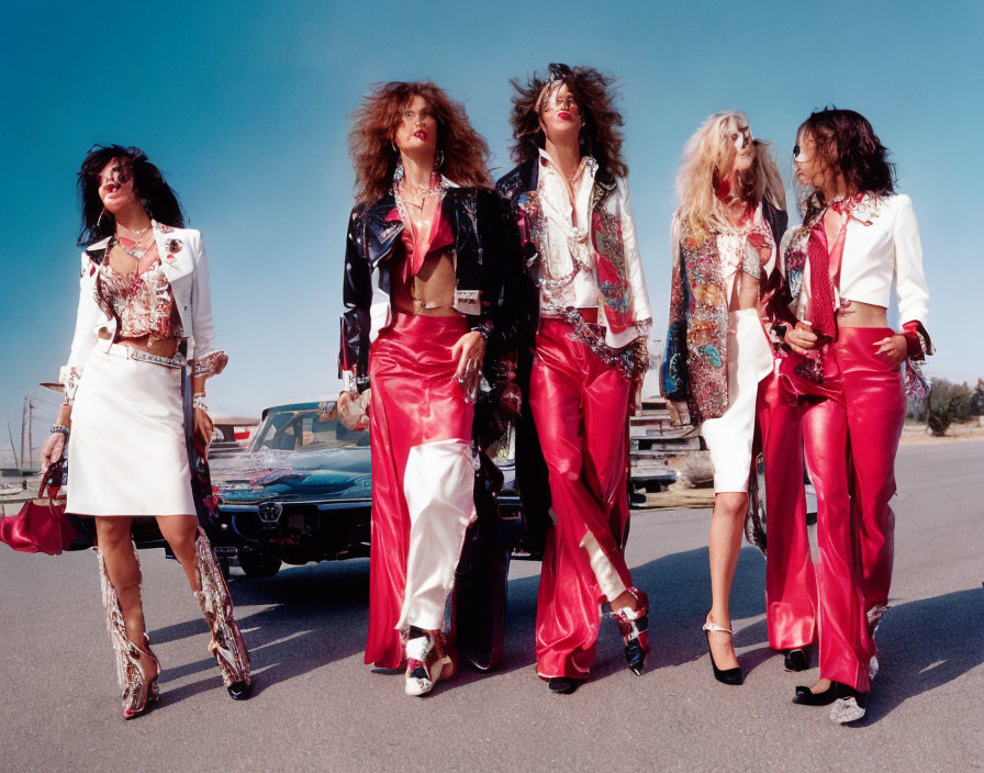 Five Women in Flamboyant 70s Fashion Walking with Vintage Cars