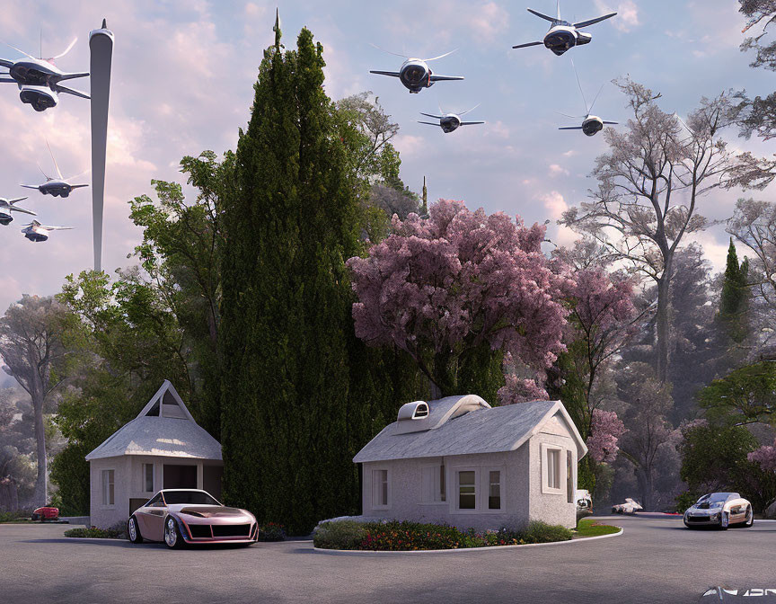 Modern homes, cherry blossoms, car, and drones in suburban dusk.