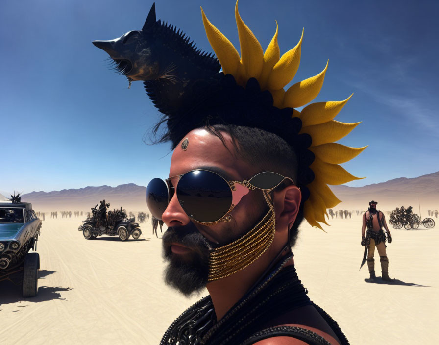 Sunflower headpiece man with sunglasses in desert scene