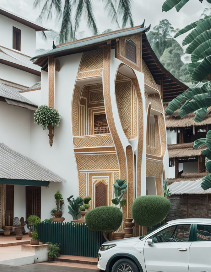 White car parked in front of ornate Arabic building with green plants under cloudy sky