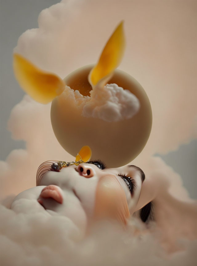 Surreal image: woman's face with cloud hair, cracked egg with yolk wings.