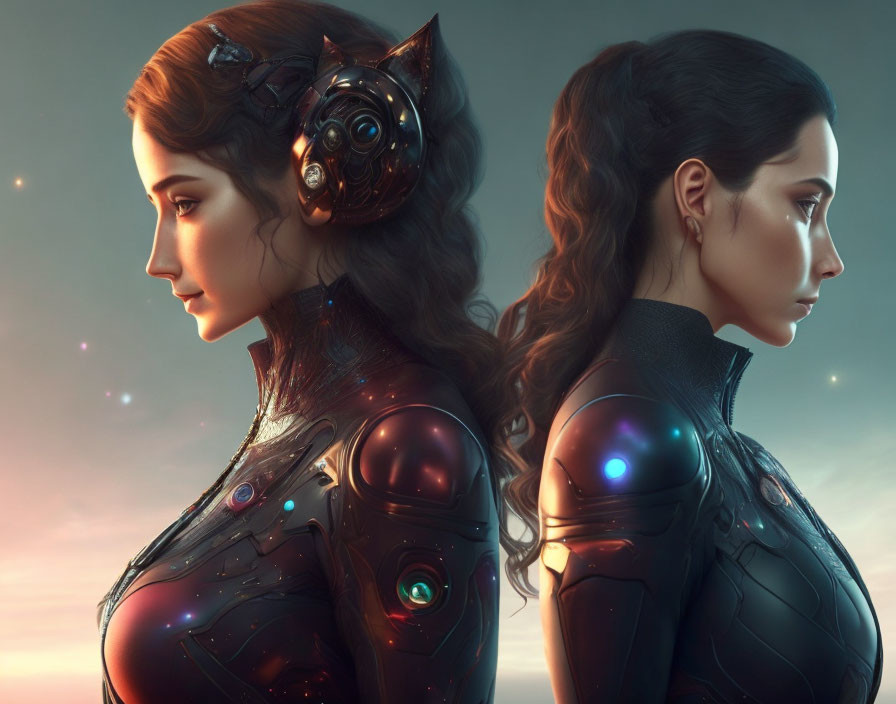 Futuristic cybernetic-enhanced female figures in black suits against starry backdrop