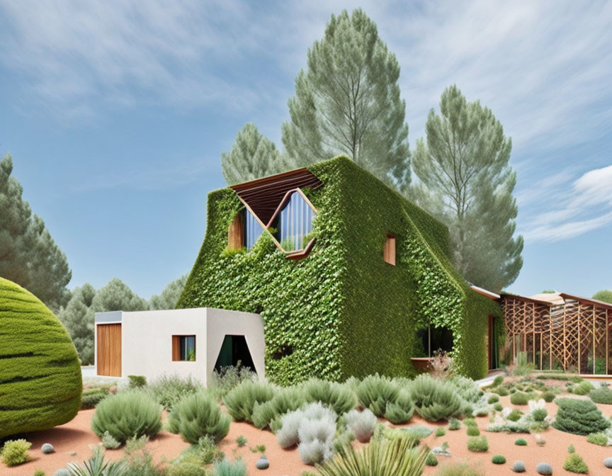 Contemporary house with green ivy walls in desert garden setting