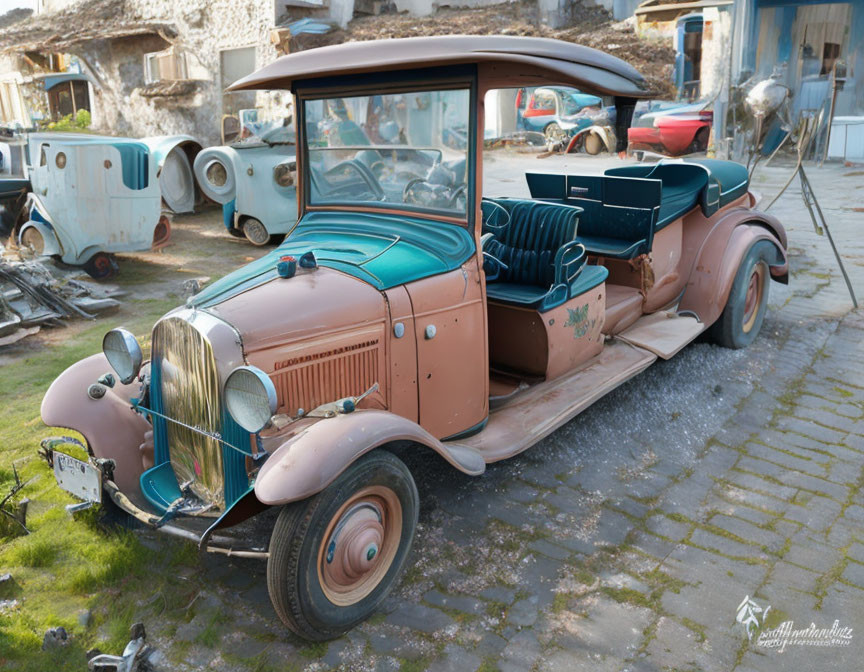 Rusty vintage car with open doors among old vehicles and debris