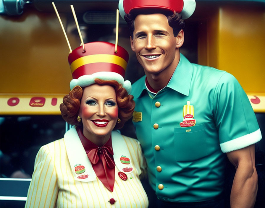 Vintage fast-food themed illustration with smiling figures in unique uniforms on yellow background