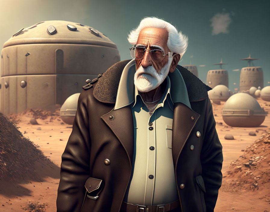 Elderly man with white hair and beard in desert setting with spherical buildings