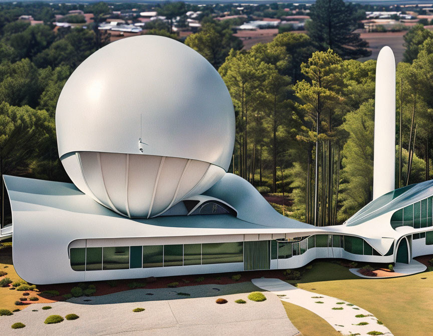 Futuristic building with large sphere, elongated spire, white wings, and green surroundings