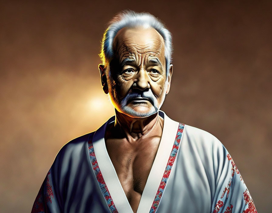 Elderly Man in Kimono with Grizzled Beard and Mustache