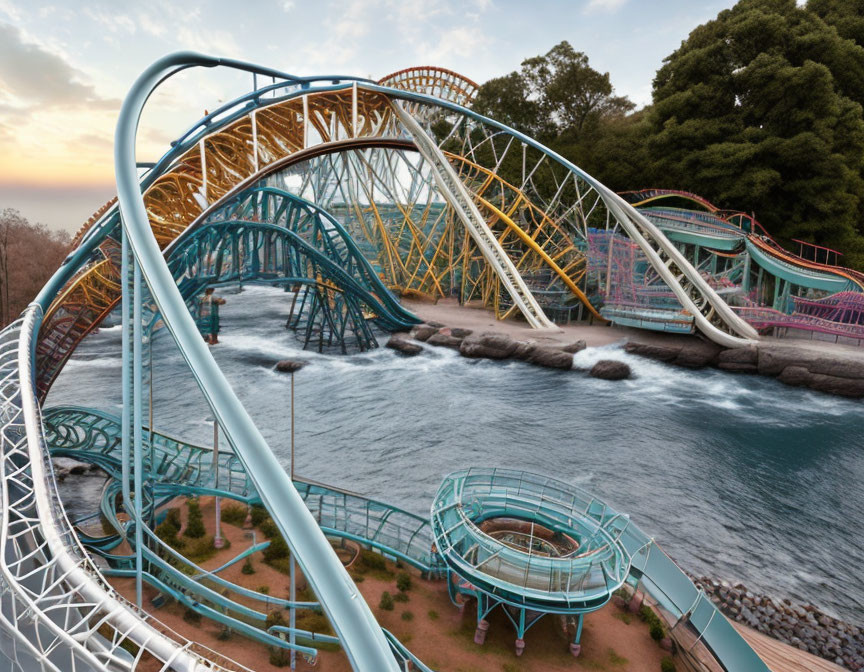 Scenic roller coaster with blue and yellow tracks over rocky waters at dusk