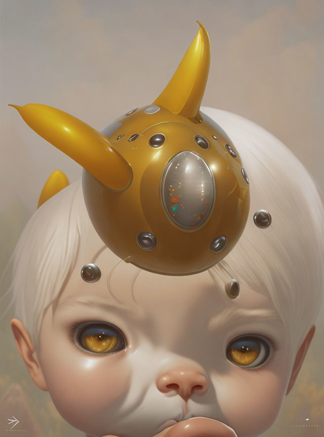 Child with Golden Eyes and Horned Helmet in Digital Painting