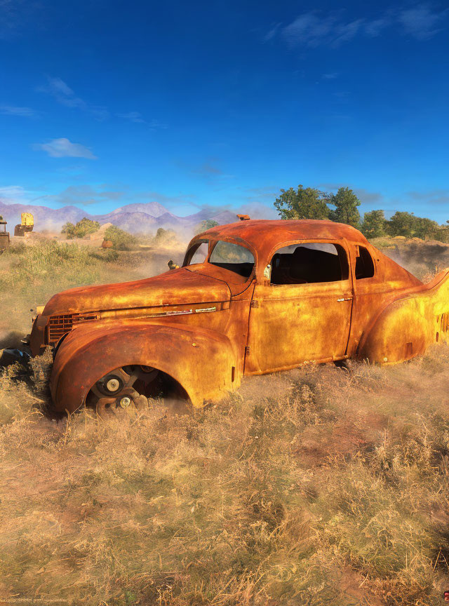 Abandoned rusty car in field with tall grass and mountain backdrop