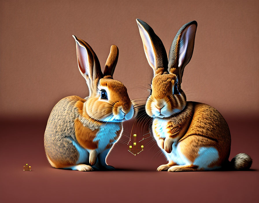 Illustrated rabbits with enhanced textures on brown background, one whispering to the other with glowing particles.