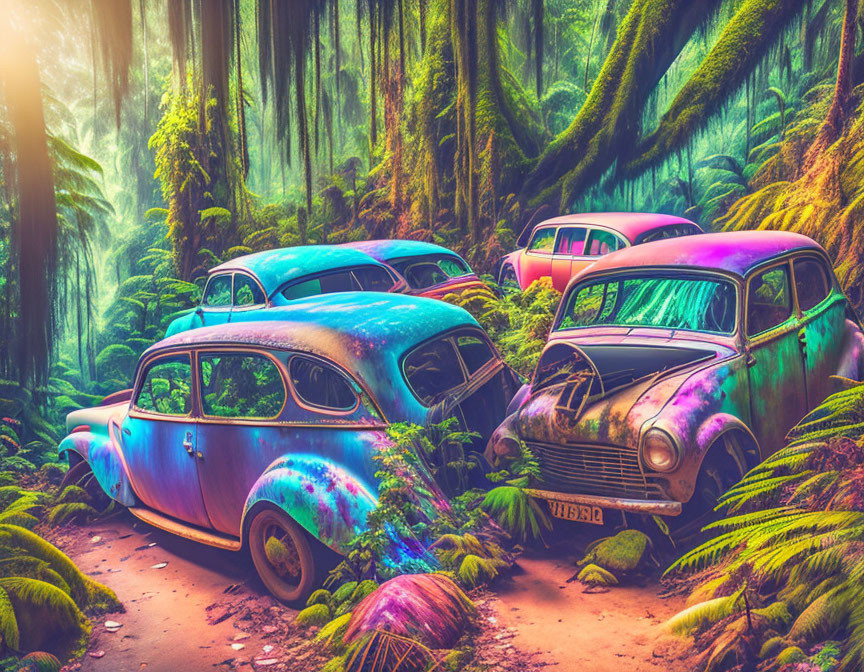 Abandoned Vintage Cars in Vibrant Forest Clearing