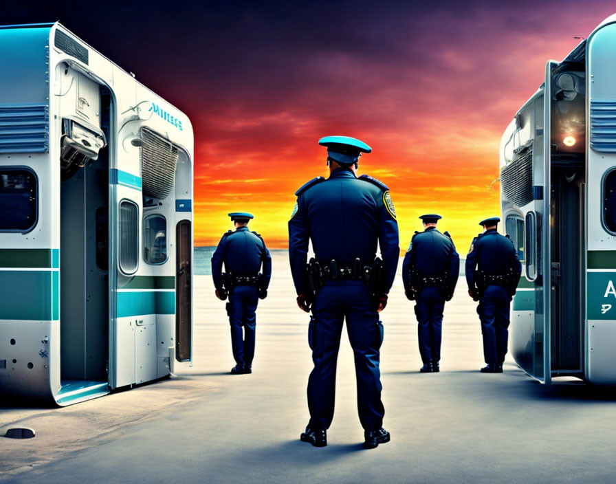 Police officers between two trains at dramatic sunset.