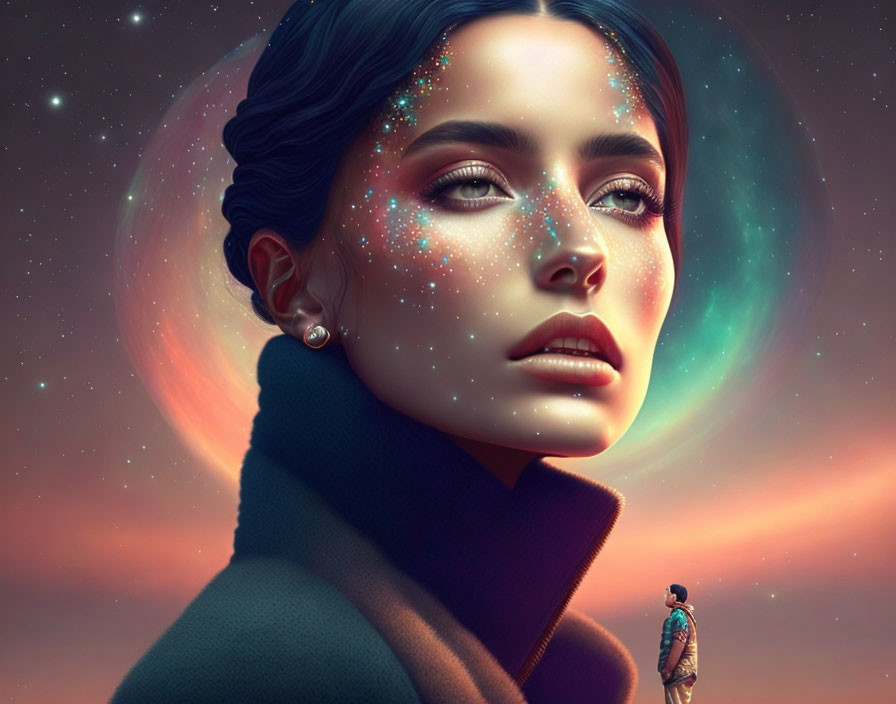 Woman's face over cosmic background with celestial glow and distant figure.