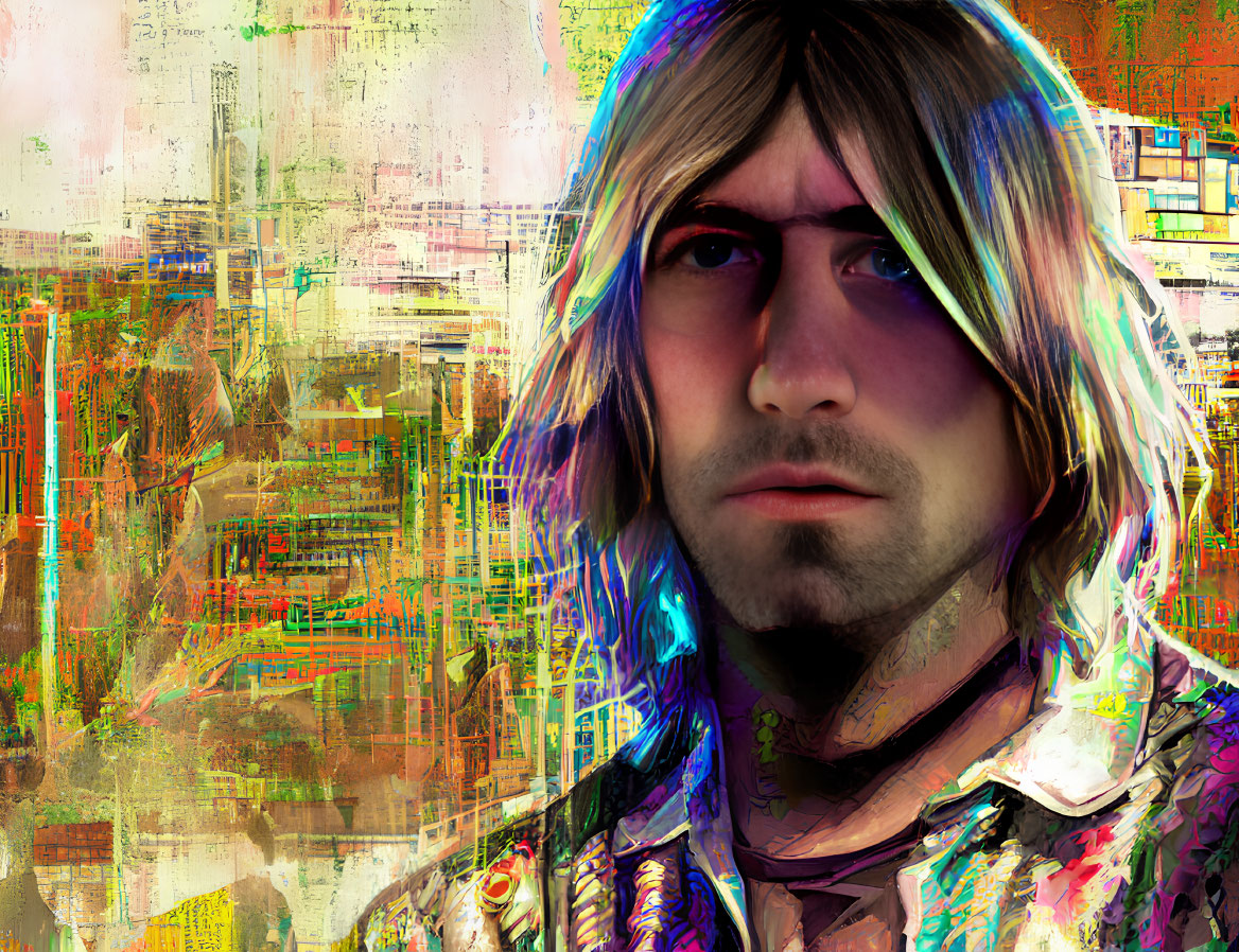 Vibrant digital portrait of man with shoulder-length hair in thoughtful expression