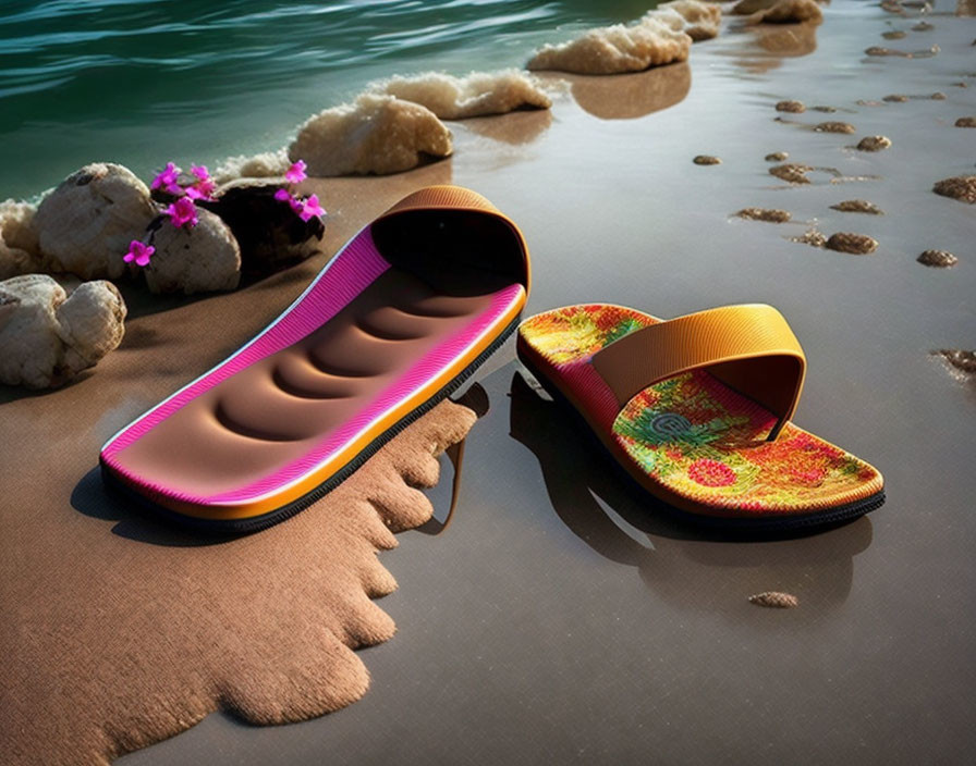 Colorful Flip-Flop and Stylish Clutch Bag on Sandy Shore with Pebbles and Flowers