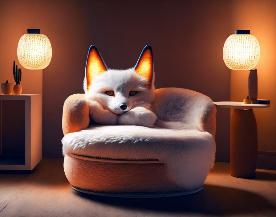 Fox with Large Ears Relaxing on Armchair in Cozy Room