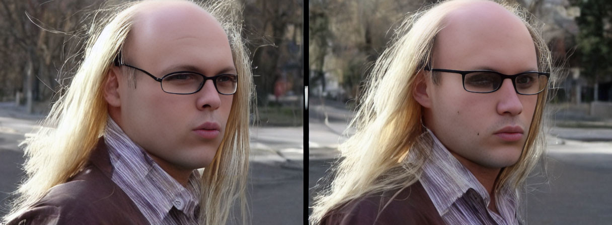 Blonde person with glasses in striped shirt in two outdoor scenes