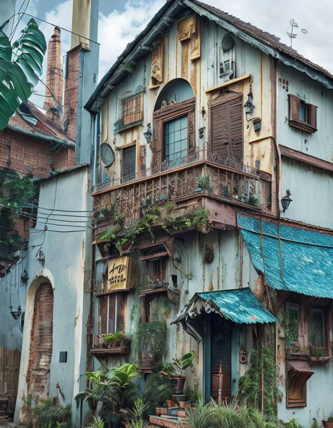 Vintage two-story building with wooden shutters, balconies, green plants, tall chimney, cloudy sky