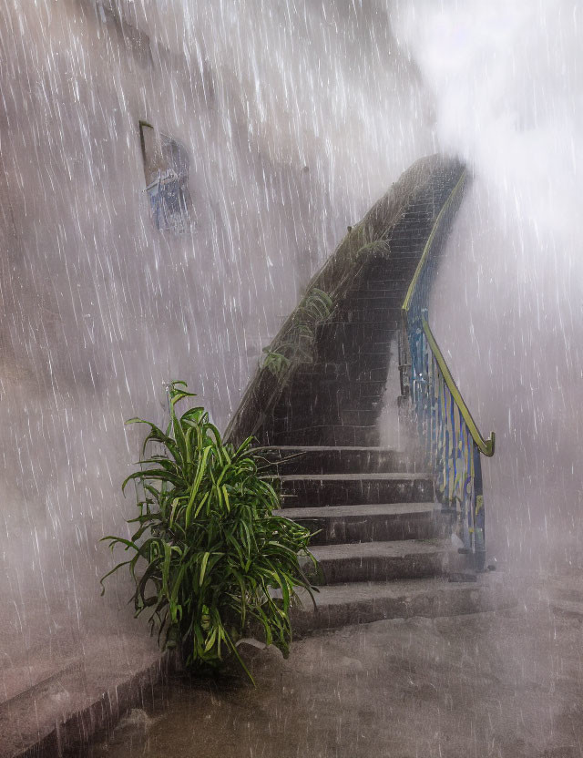 Intense rainfall over outdoor staircase with lush green plants