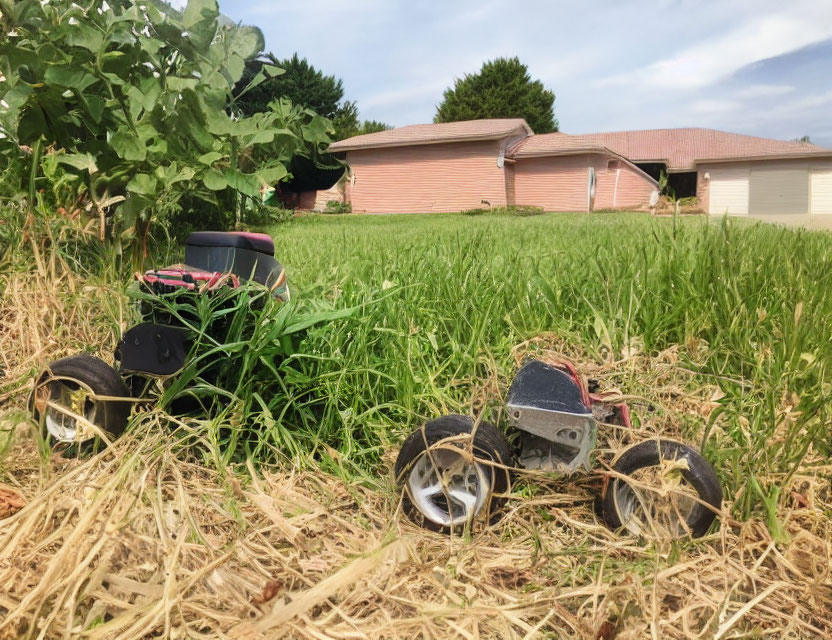 Overgrown RC Car in Backyard with House and Blue Sky