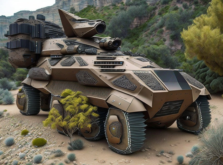 Futuristic armored vehicle with advanced tread wheels in desert landscape