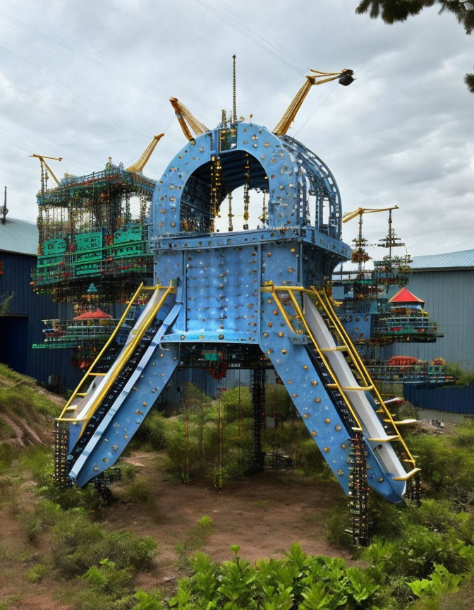 Vibrant robot-themed playground structure under cloudy sky