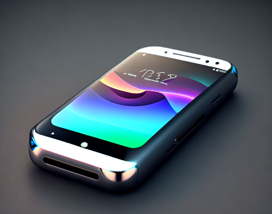 Curved screen smartphone with colorful abstract wallpaper on dark surface