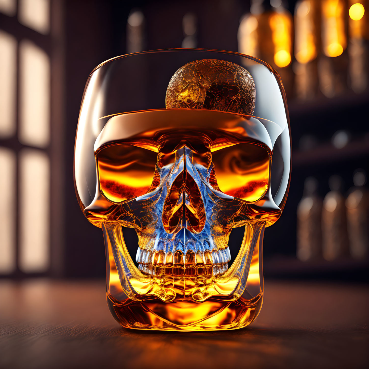 Skull-shaped glass filled with amber liquid and ice cube in a bar setting