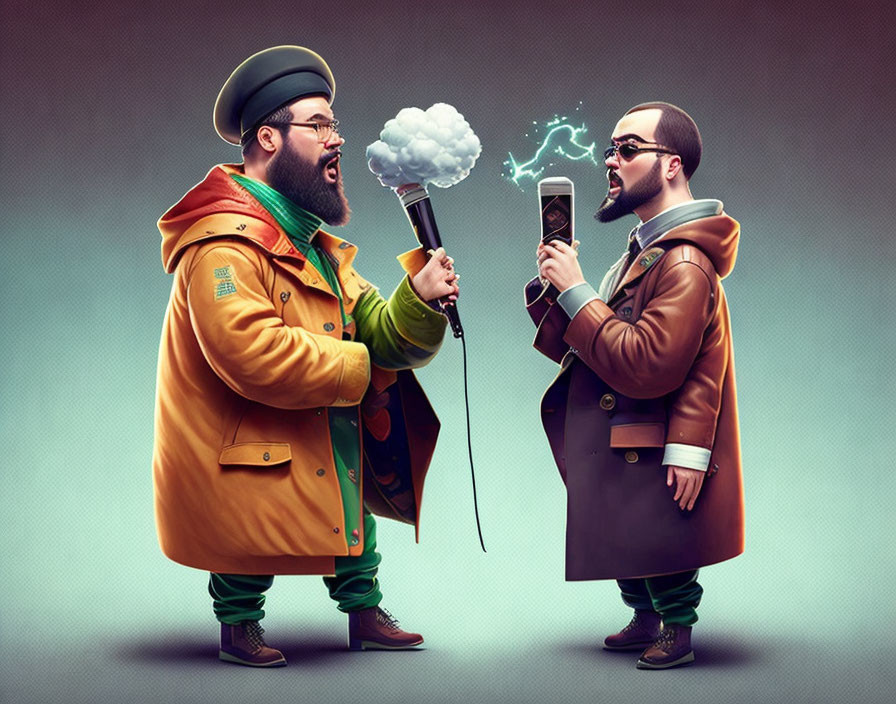 Stylized characters in coats with lightning and cloud leash