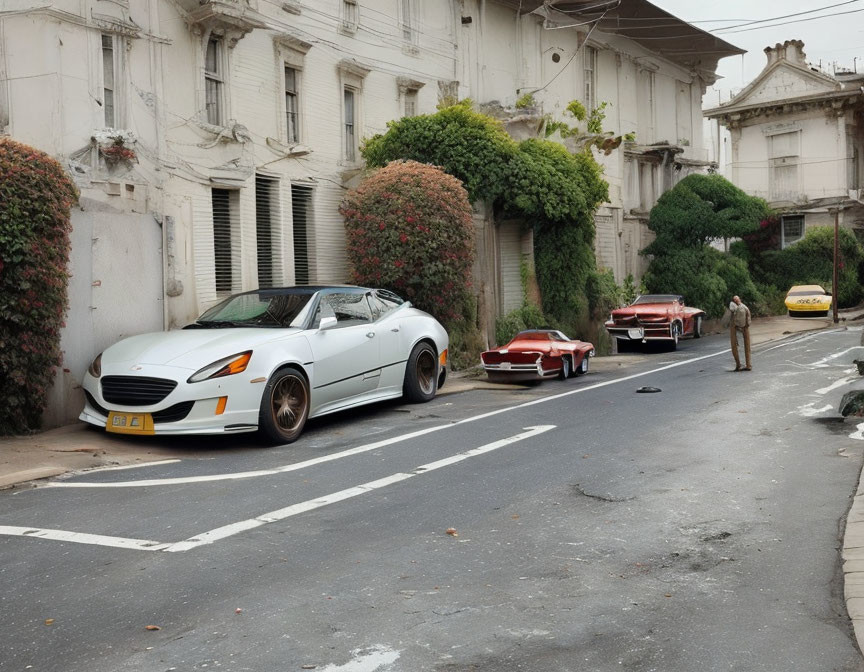 White sports car parked on street with old red car, plants, buildings, and person walking