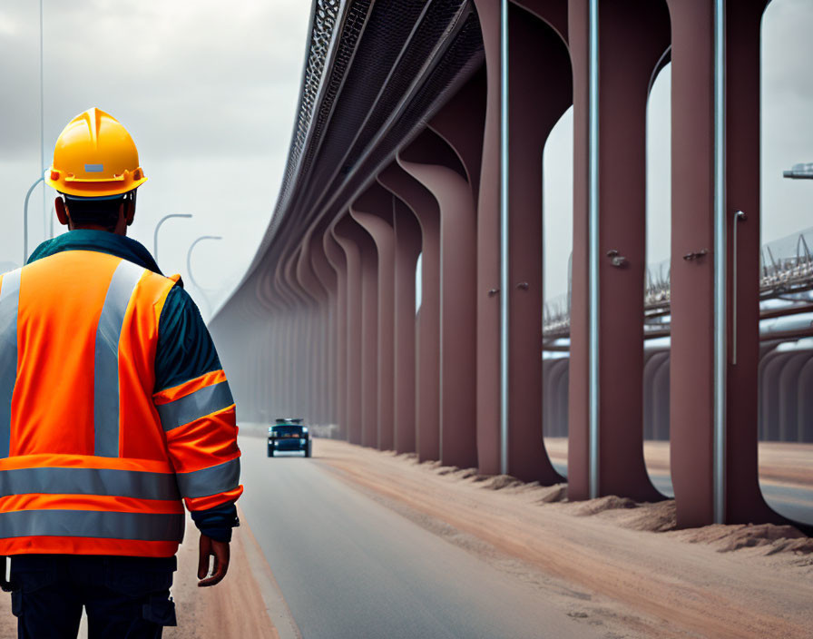 Construction worker in high-visibility jacket on elevated roadway.