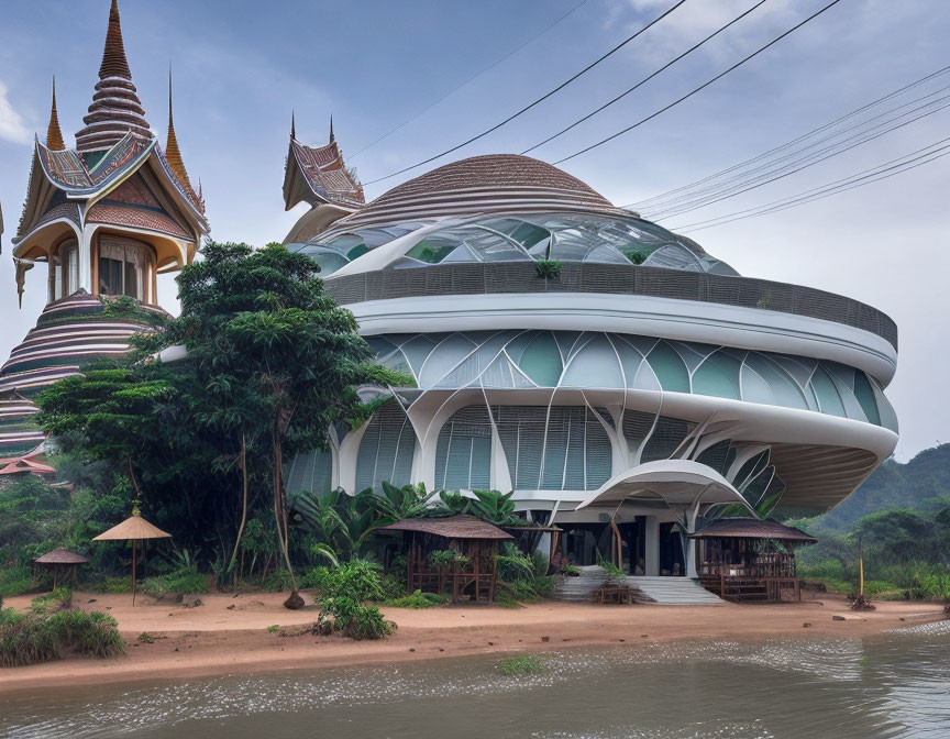 Futuristic building with curved lines next to traditional tiered-roof structure