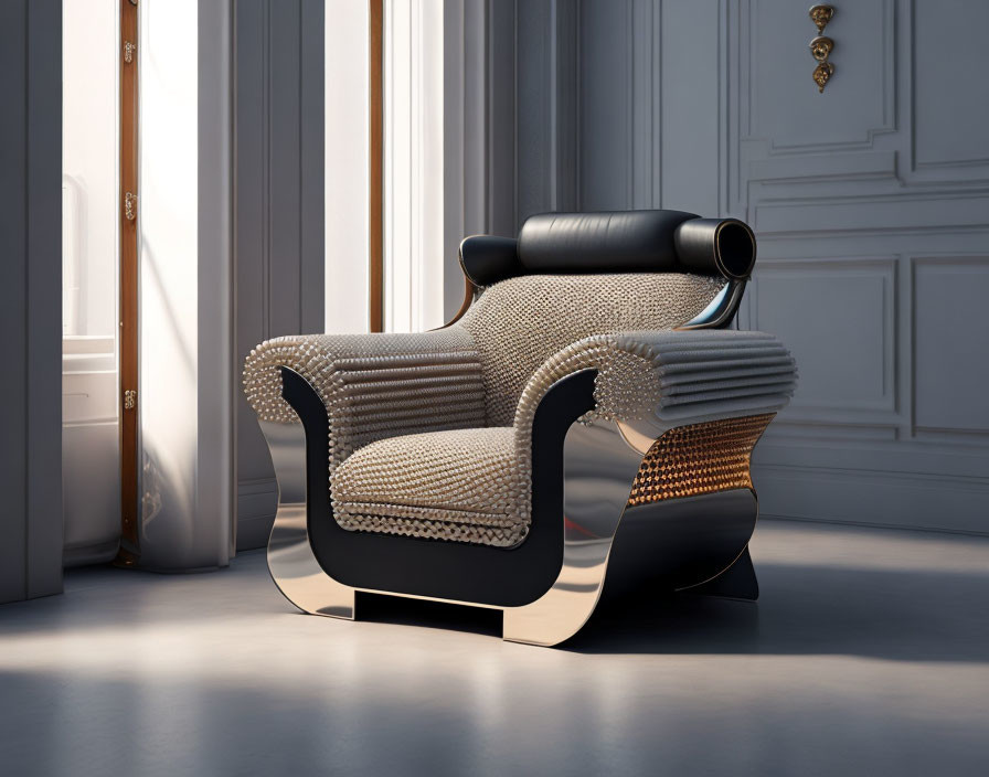 Modern Armchair with Black Headrest and Beige Upholstery in Classic Room