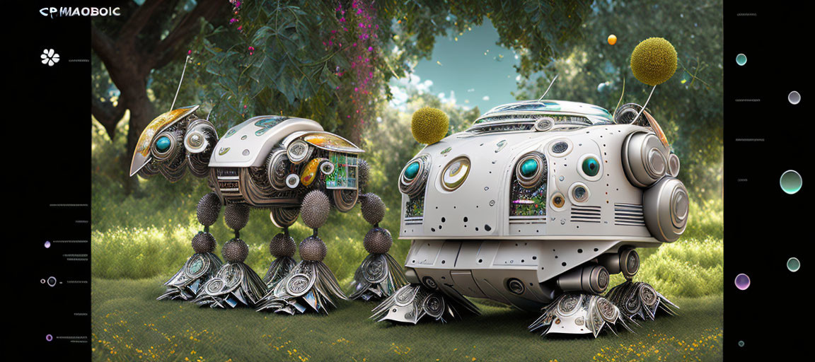 Whimsically designed robots with spherical joints and floral patterns in lush garden