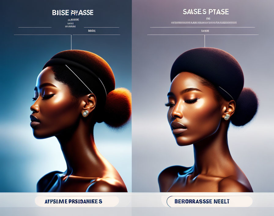 Dark-skinned woman in side-profile with sleek hair on blue-gray background and text design elements