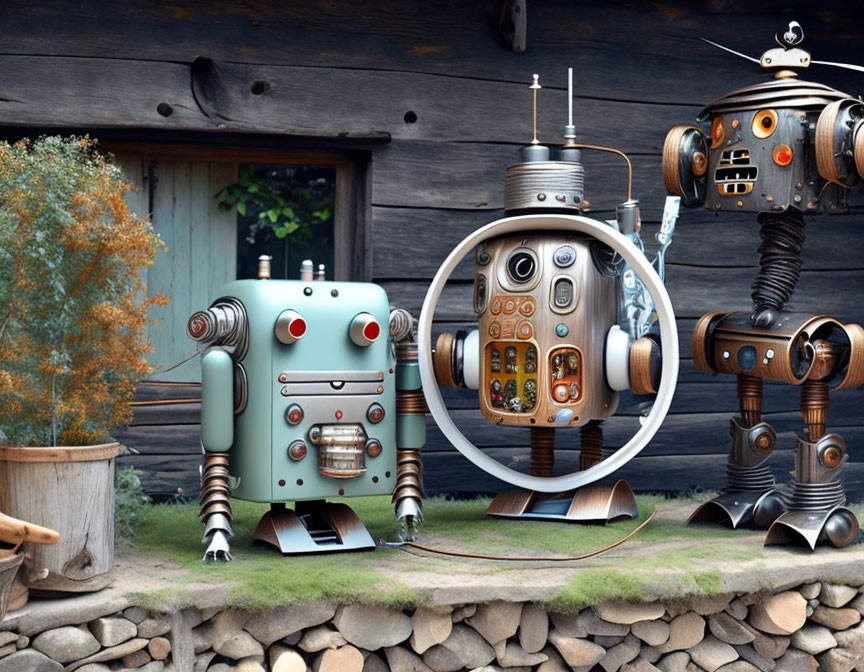 Three whimsical robots outside rustic wooden house surrounded by plants