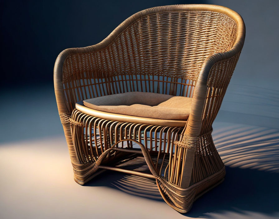 Wicker armchair with cushion on dark background and warm lighting