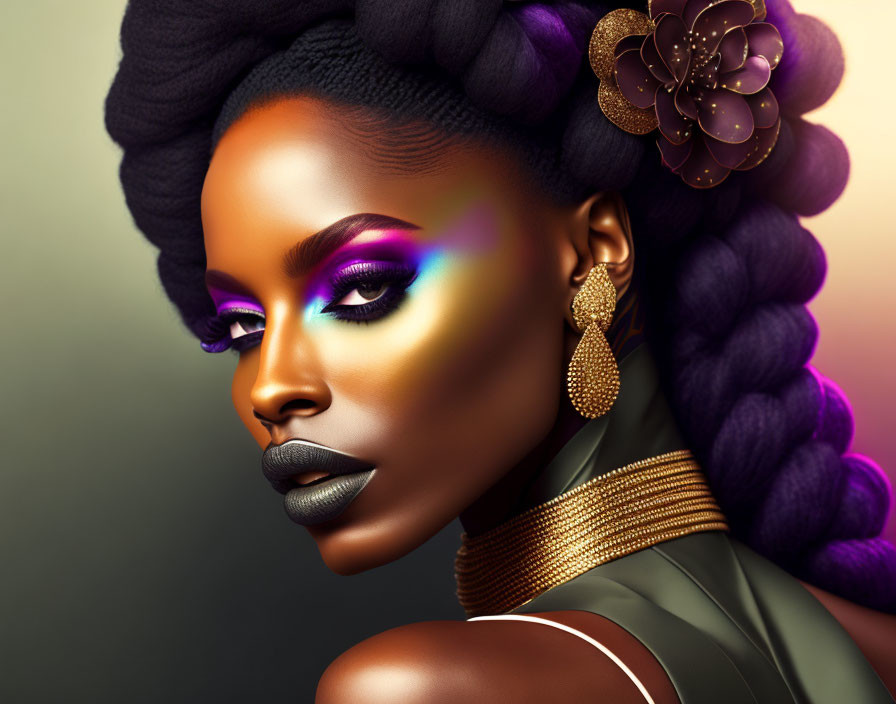 Digital artwork: Woman with purple makeup, braid, colorful light.