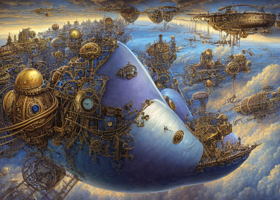 Steampunk cityscape with airships and machinery above giant blue sphere