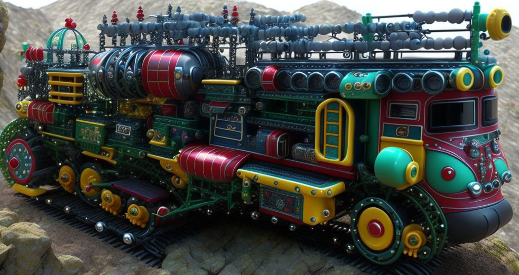 Intricate steampunk machine on tracks with gears, pipes, and dials