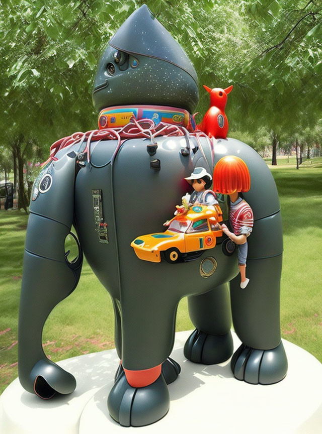 Whimsical sculpture of a grey robot elephant with child figure and red creature