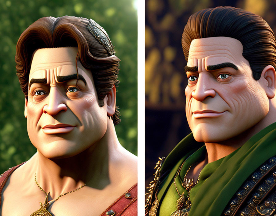 Stylized 3D animated male characters: one smiling with crown, one stern with green cape